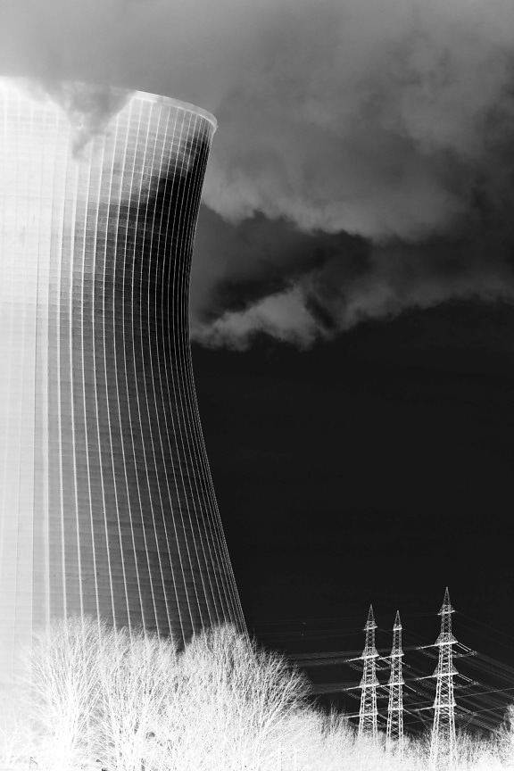 sky, monochrome, architecture, power plant, smoke, pollution