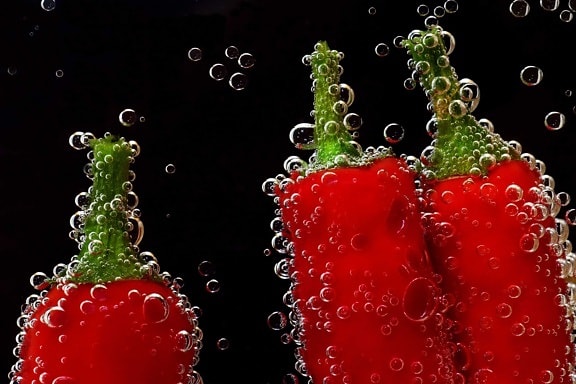 辣椒, 水下, 宏观, 红色, 蔬菜, 水, 湿, 气泡