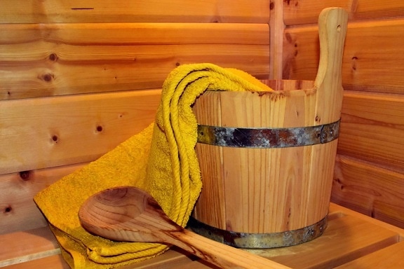 sauna, madeira, balde, toalha, balde, colher, decoração de interiores