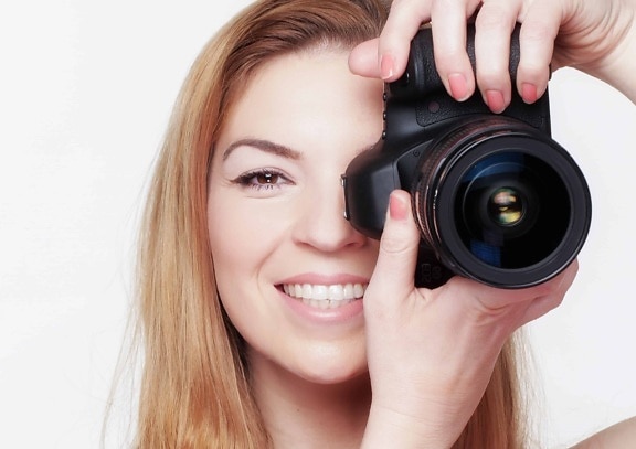woman, lens, teeth, smile, young, pretty, girl, photo camera, photographer, equipment