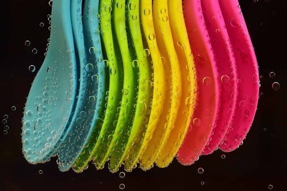 ложка, цвета, пластиковые, красочные, макро, подводный, пузырь., вода, искусство