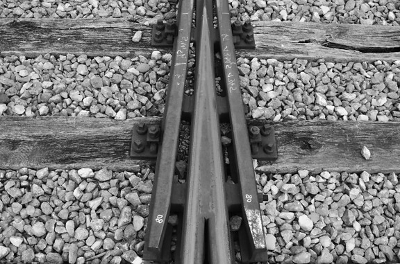 Željeznički, vlak, lokomotiva, crno-bijeli, šljunka, zemlje