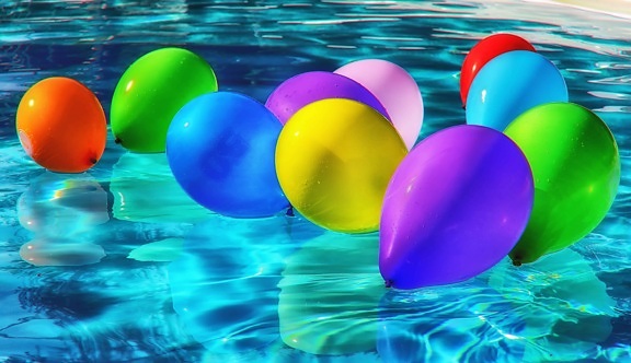 swimming pool, colorful, balloon, water, reflection, summer, wet