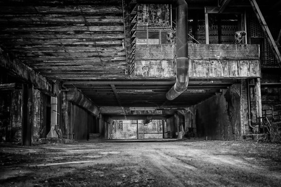 abandoned, building, warehouse, concrete, construction, monochrome