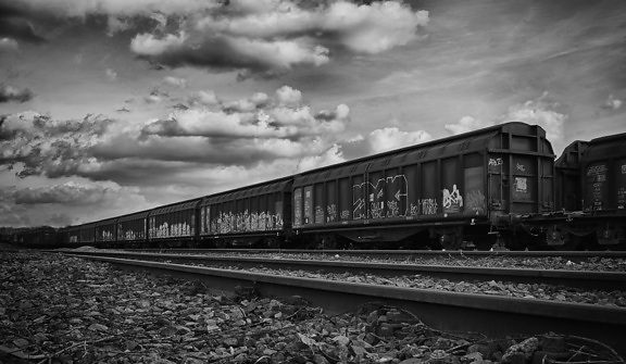 zwart-wit, spoorweg, voertuig, motor, trein, locomotief, wagen