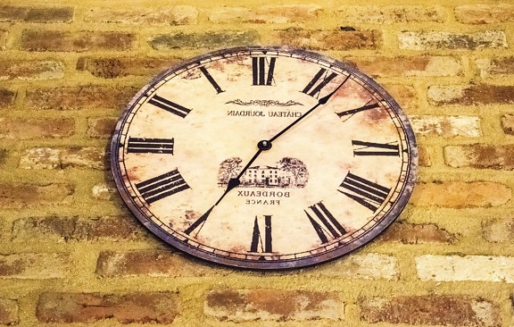 clock, old, minute, antique, retro, time, brick wall