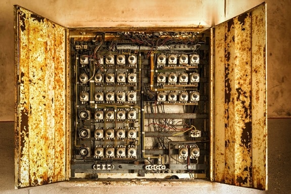 oude, box, elektriciteit, kabel, switch, spanning, zekering