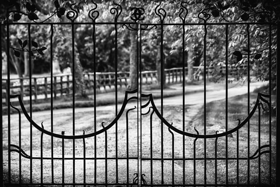 ferro, recinzione, gabbia, cancello, struttura, bianco e nero, esterno
