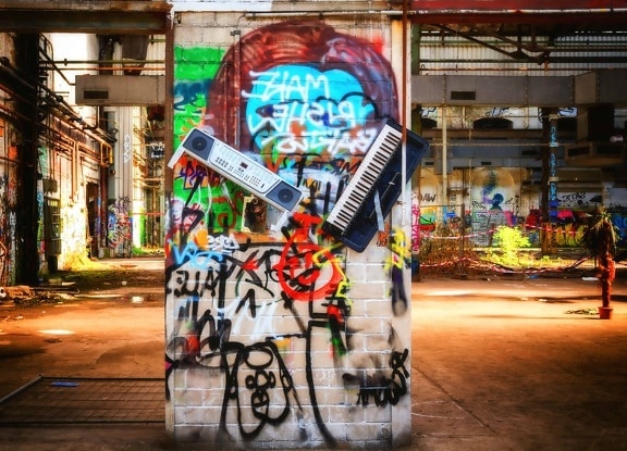 città, strada, urbani, graffiti, strumento musicale, colorato