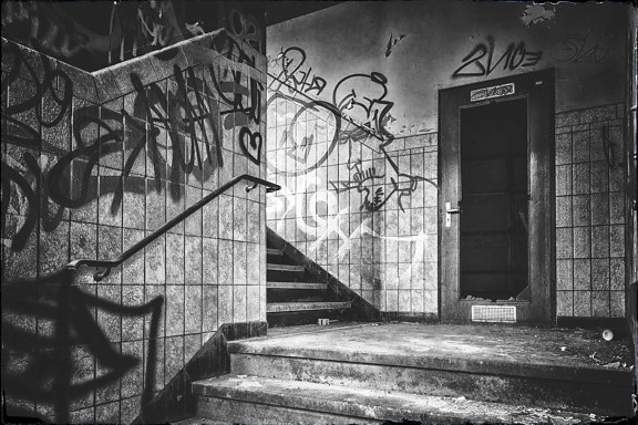 edificios, monocromo, escaleras, grafito, vandalismo