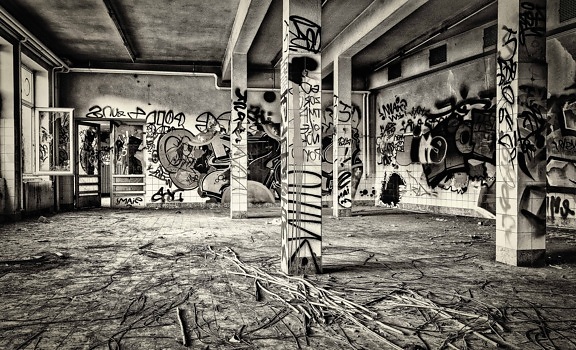 épületek, régi, fekete-fehér, grafit, vandalizmus