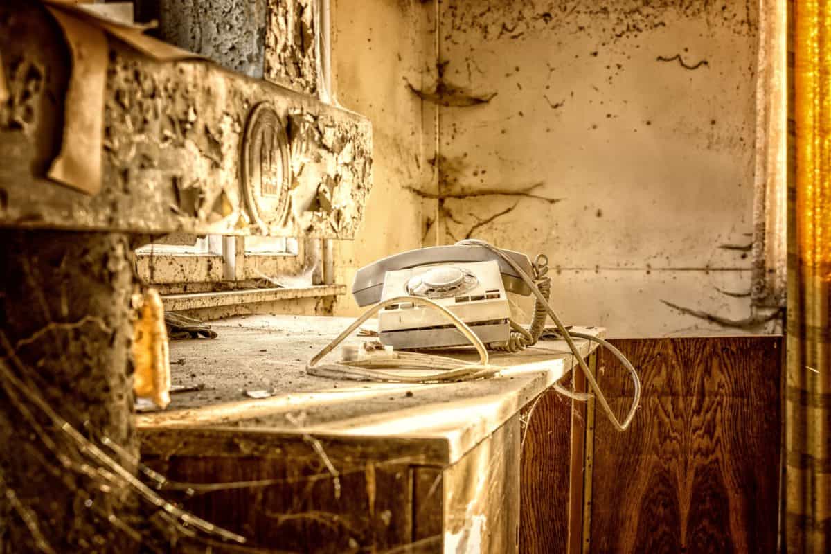 toile d’araignée, téléphone, câble, abandonné, mur, hôtel, vieux