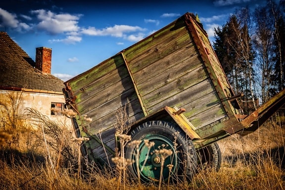 vehicle, old, wood, rustic, outdoord, cart, house, grass