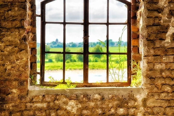 cửa sổ, tường, cũ, đồng cỏ, gạch