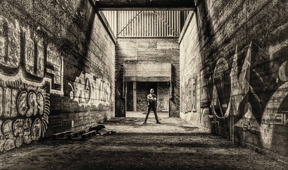čovjek, crno-bijeli, zid, grafit, retro, beton, arhitektura