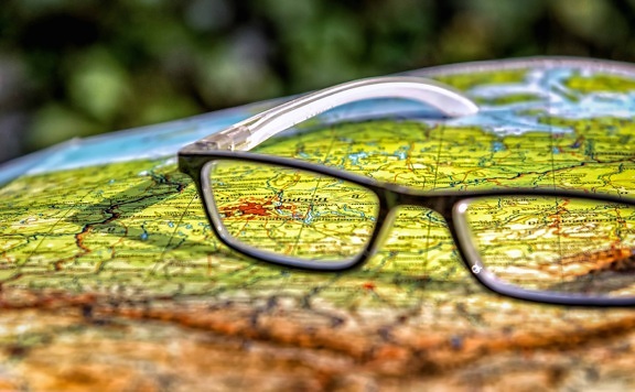óculos, objeto, macro, mapa, viagens, papel, cidade
