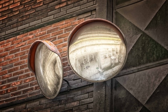 mirror, brick wall, object, street, old, architecture, wall