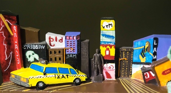 táxi, brinquedo, figura, livro, estátua, carro