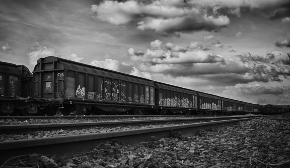 željeznica, vlak, lokomotiva, vozila, crno-bijeli, vanjski