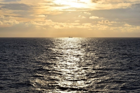 meri, valtameri, vesi, auringonlasku, aurinko, laiva, hämärä, horizon