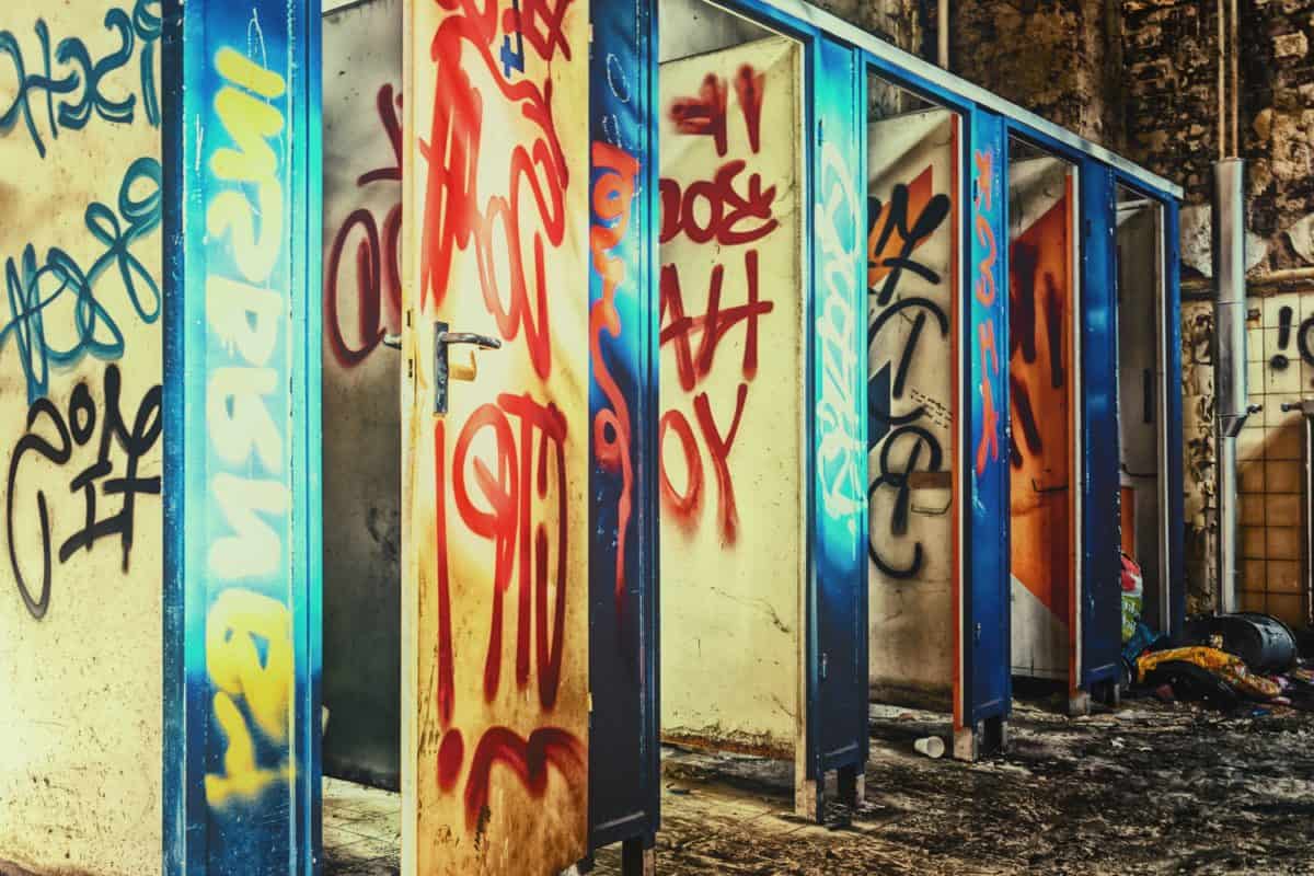 graffiti, udendørs, gamle, toilet, urban, kabine, farverige