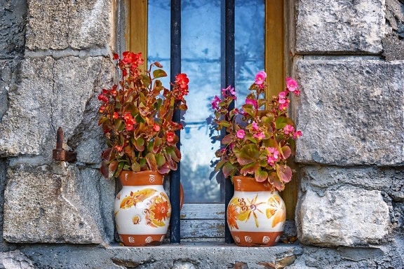 σπίτι, αρχιτεκτονική, πρόσοψη, παράθυρο, δοχείο λουλουδιών, φυτών, υπαίθριο