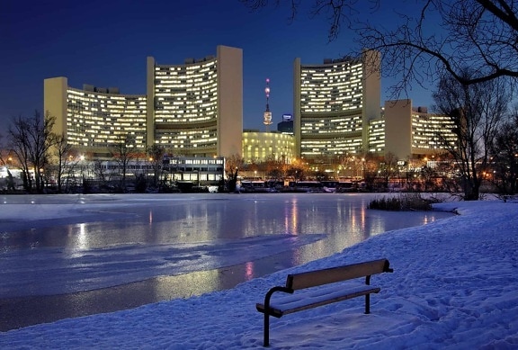 modern, city, reflection, architecture, downtown, winter, lake