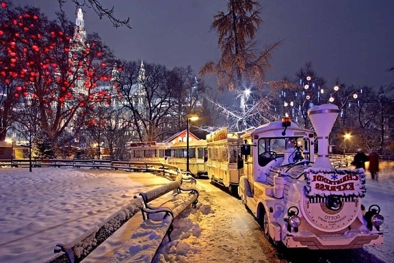 cidade, inverno, árvore, ao ar livre, de trem, rua, à noite, neve