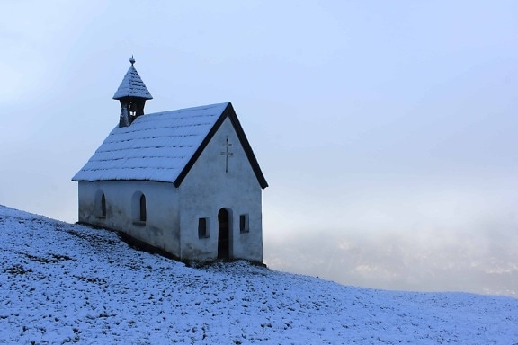 zimní, modrá obloha, sníh, kostel, věž, architektury, náboženství