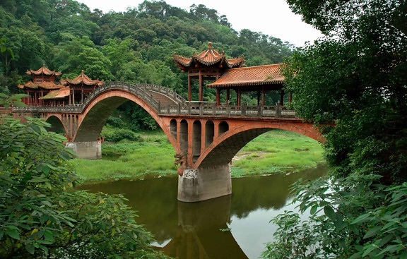 Bridge, trä, floden, arkitektur, vatten, träd, Utomhus, gräs