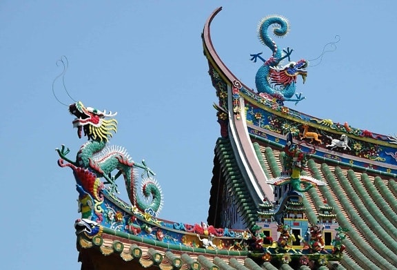 ドラゴン、中国、屋根、青い空、カラフルな芸術、建築、宗教、構造