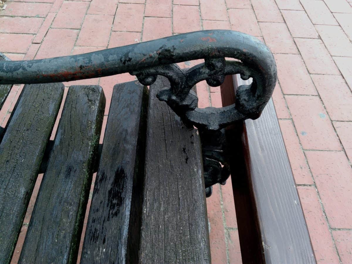 old, iron, metal, bench, outdoor, ground, wooden