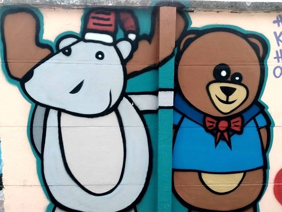 medveď, art, stena, farebné ilustrácie, graffiti, skica