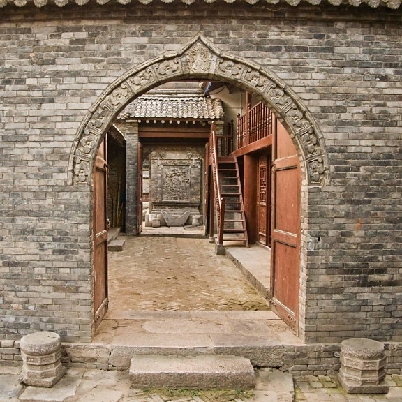 pintu, dinding, tua, arsitektur, rumah, batu, Kolam