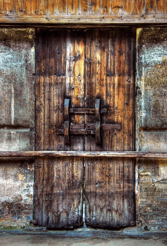 vecchio, legno, porta, ruggine, retrò, muro, facciata, architettura
