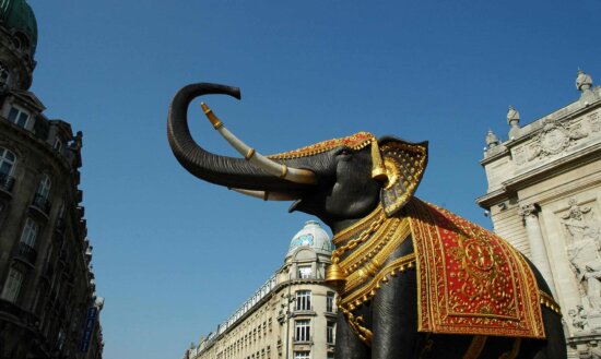 statue, sculpture, architecture, elephant, blue sky, outdoor, urban