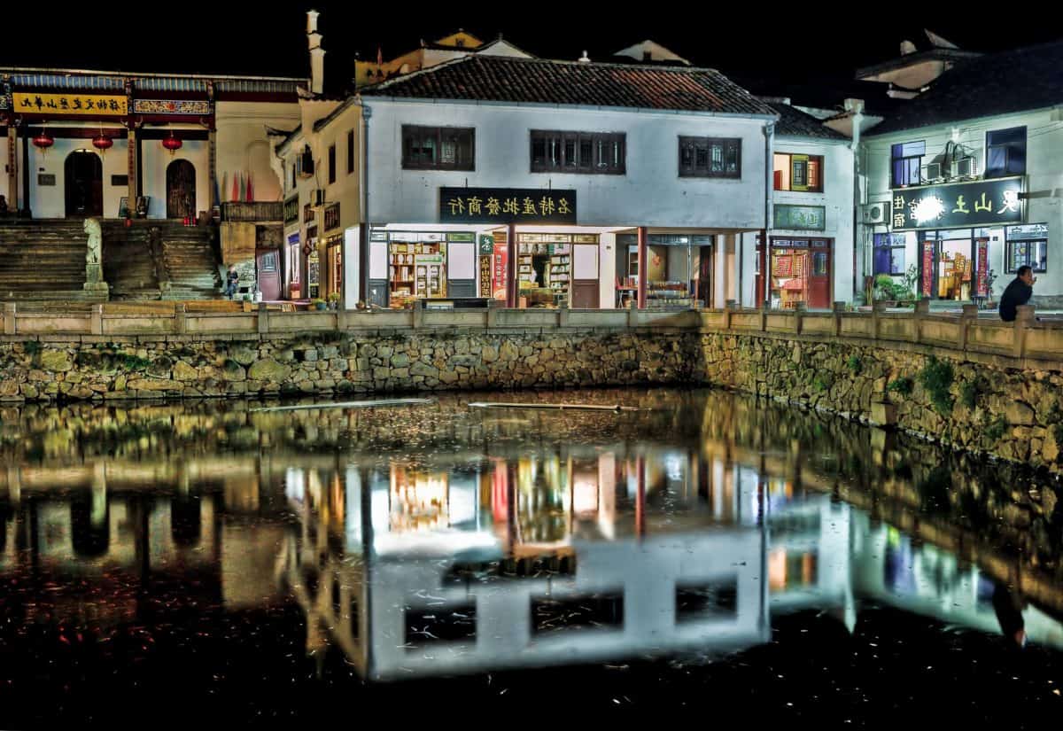architecture, exterior, reflection, water, city, night, market, street