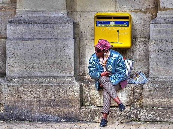 woman, mailbox, people, street, urban, outdoor, ground, building, concrete