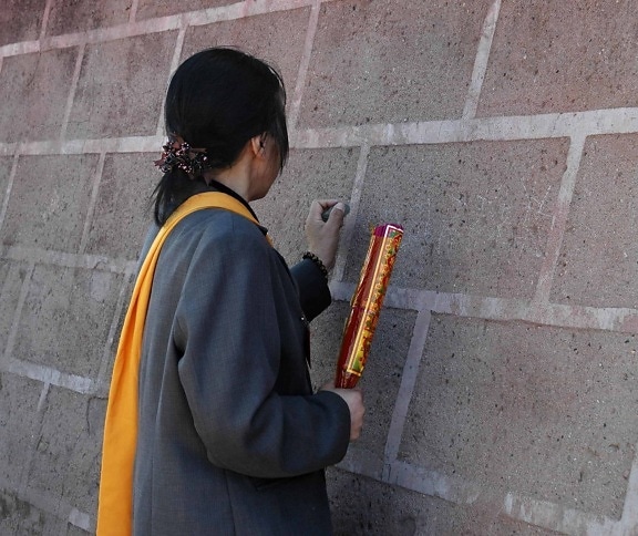 education, religion, woman, people, person, outdoor, brick wall