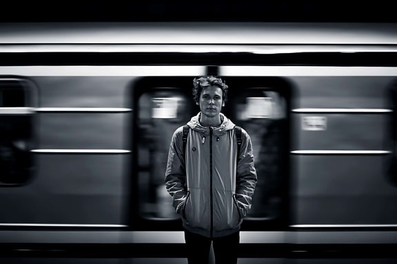 portrait, man, monochrome, underground, subway station
