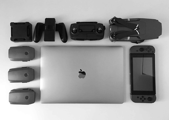 zwart-wit, laptopcomputer, elektronica, technologie, apparatuur, camera, lens, muur