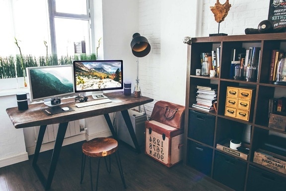 Office, bútor, otthon, szoba, asztal, szék, polc, belső, modern