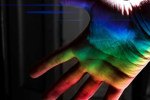 hand, colorful, light, skin, body, laser, darkness, shadow