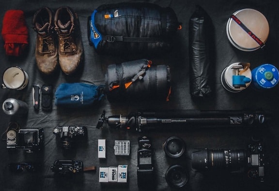 fotoaparat, alat, objekt, fotografije, cipela, oprema, objektiv, sjena