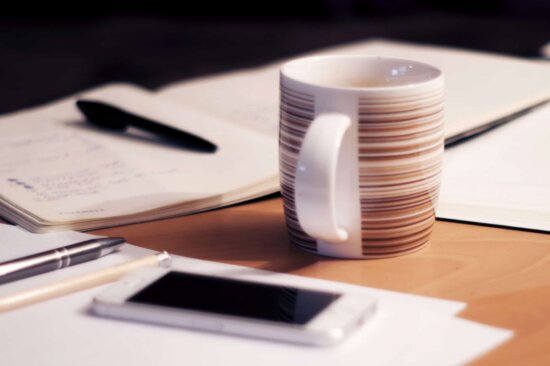 office, mobile phone, paper, document, desk, indoor, coffee mug