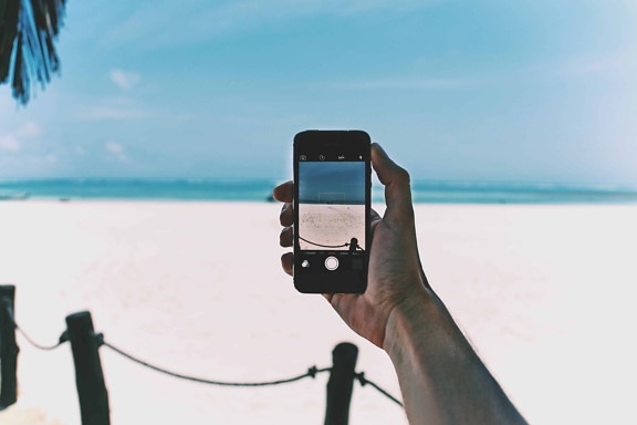 telefone móvel, fotografia, areia, mar, fotógrafo, praia, mar, céu azul