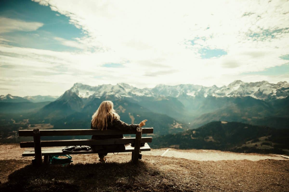 young woman, mountain, landscape, sky, outdoor, bench, ground