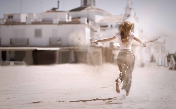 момиче, жена, хора, пясък, вятърът, структура