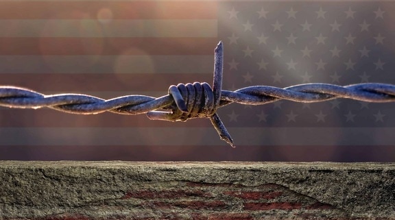 barbed wire, flag, america, metal, steel, fence, security