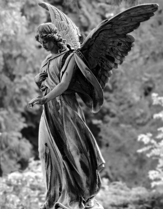 socha, bílý anděl, bronz, křídlo, umění, Žena, náboženství, černobílý tisk, venkovní